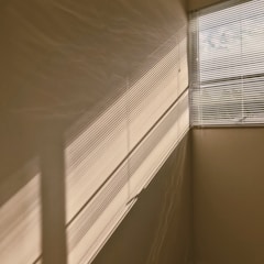 Sunlight filters through horizontal blinds, casting striped shadows along a beige wall. The window is partially open, revealing soft, diffused light and subtle reflections.