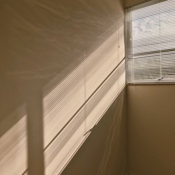 Sunlight filters through horizontal blinds, casting striped shadows along a beige wall. The window is partially open, revealing soft, diffused light and subtle reflections.