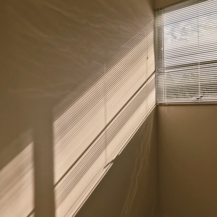 Sunlight gently filtering through elegant cream-colored roller blinds in a cozy living room.