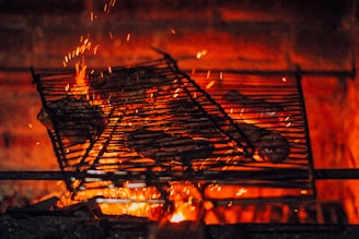Grilled meat sizzling over open flames on a rustic grill