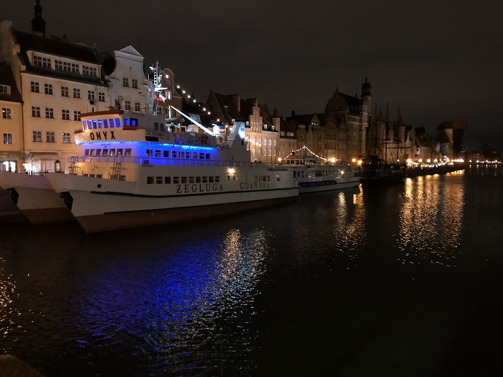 white cruise ship on dock during night time