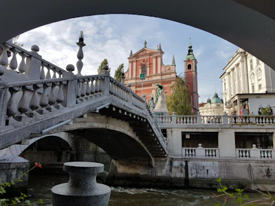 The Triple Bridge in Ljubljana with the pink Franciscan church behind it
