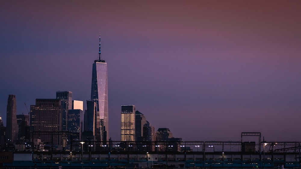 city skyline during night time