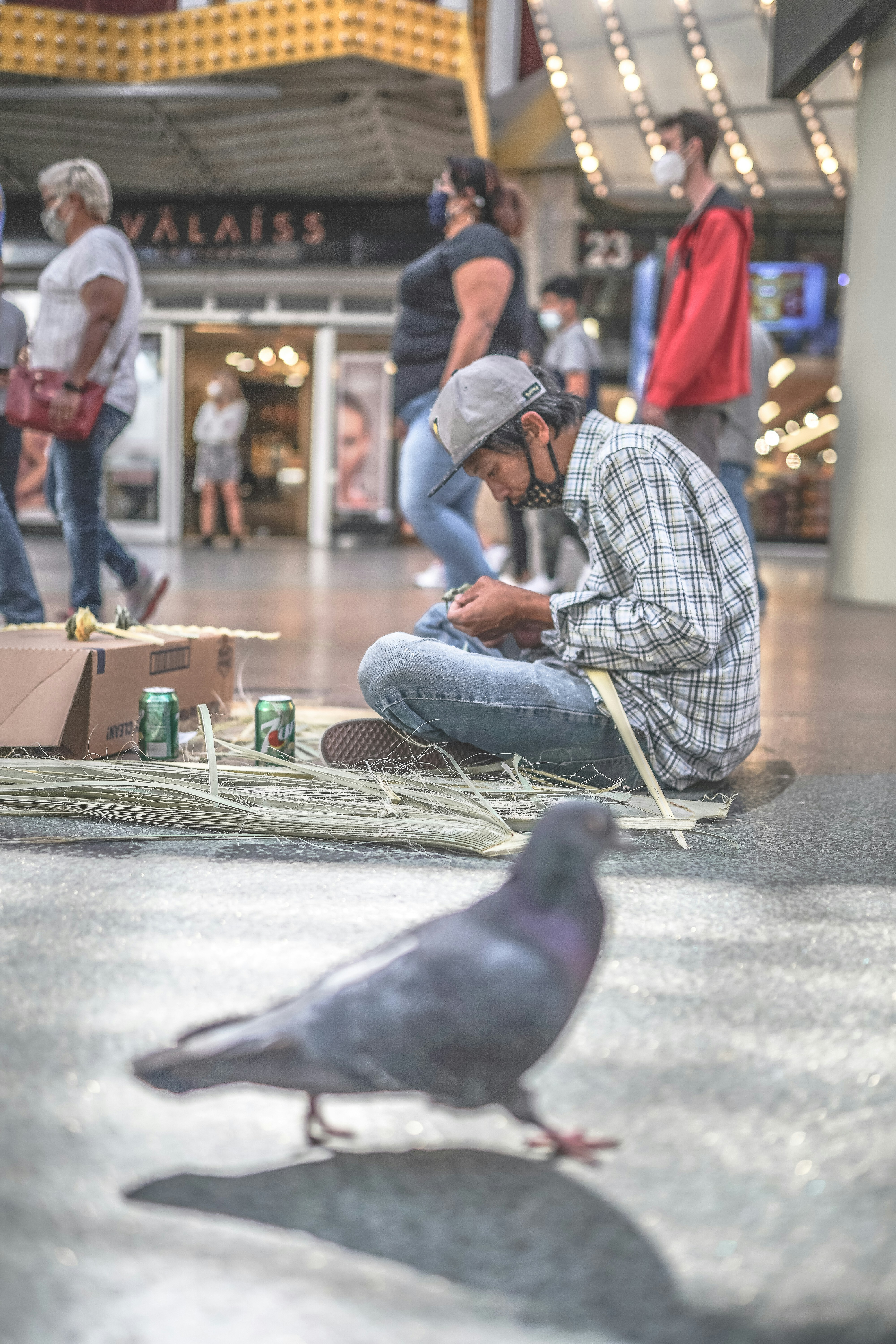 man in blue and white plaid dress shirt and blue denim jeans sitting on gray concrete