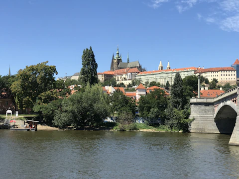 Historic Prague with its iconic castle and cobblestone streets under a clear blue sky.