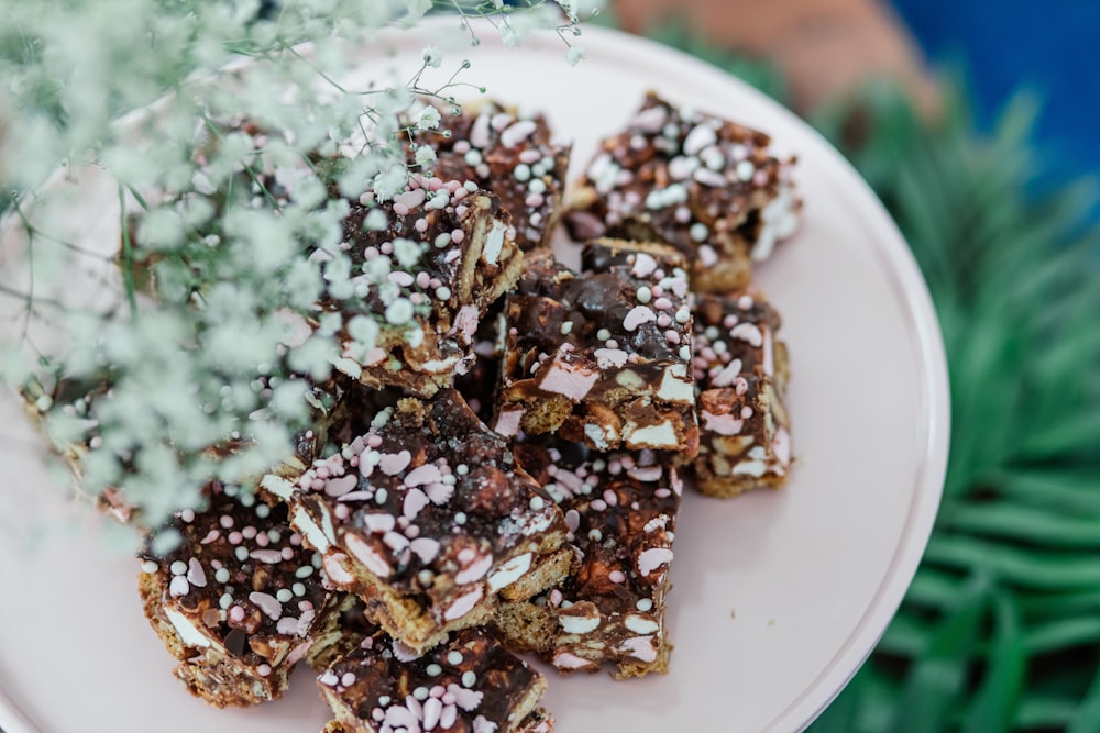 Comida marrón y blanca en plato de cerámica blanca