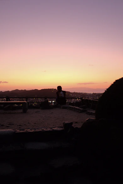 A thoughtful person sitting on a city bench, looking towards distant housing blocks at dusk