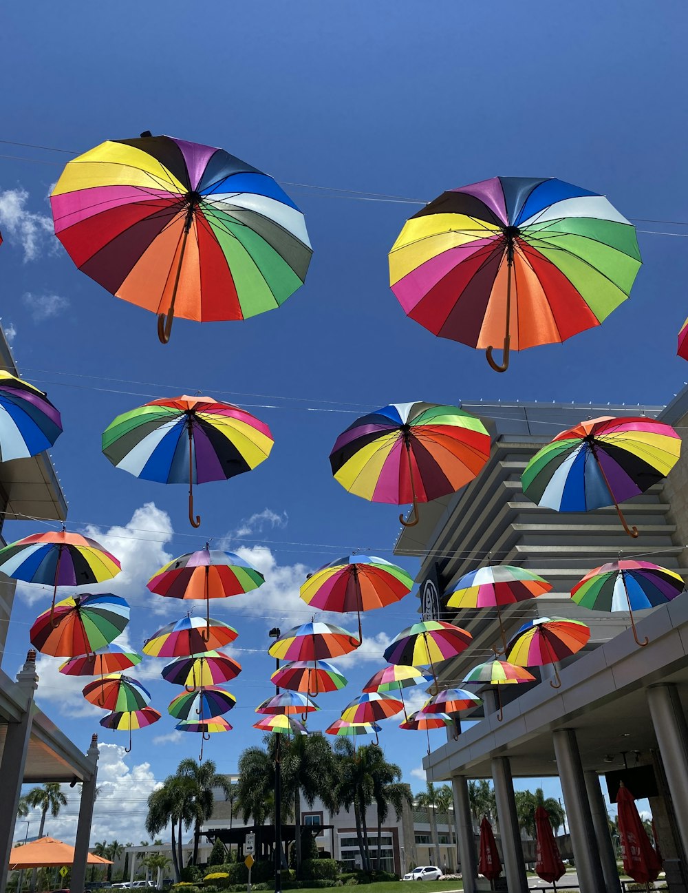 Mehrfarbiger Regenschirmschirm auf der Straße