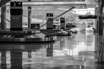 A monochrome image of an airport baggage claim area with multiple carousels. The area is spacious, featuring sleek metallic structures and large glass windows allowing natural light to create reflections on the polished floor. Signs are placed above the carousels indicating their numbers, and a few plants can be seen near the windows.