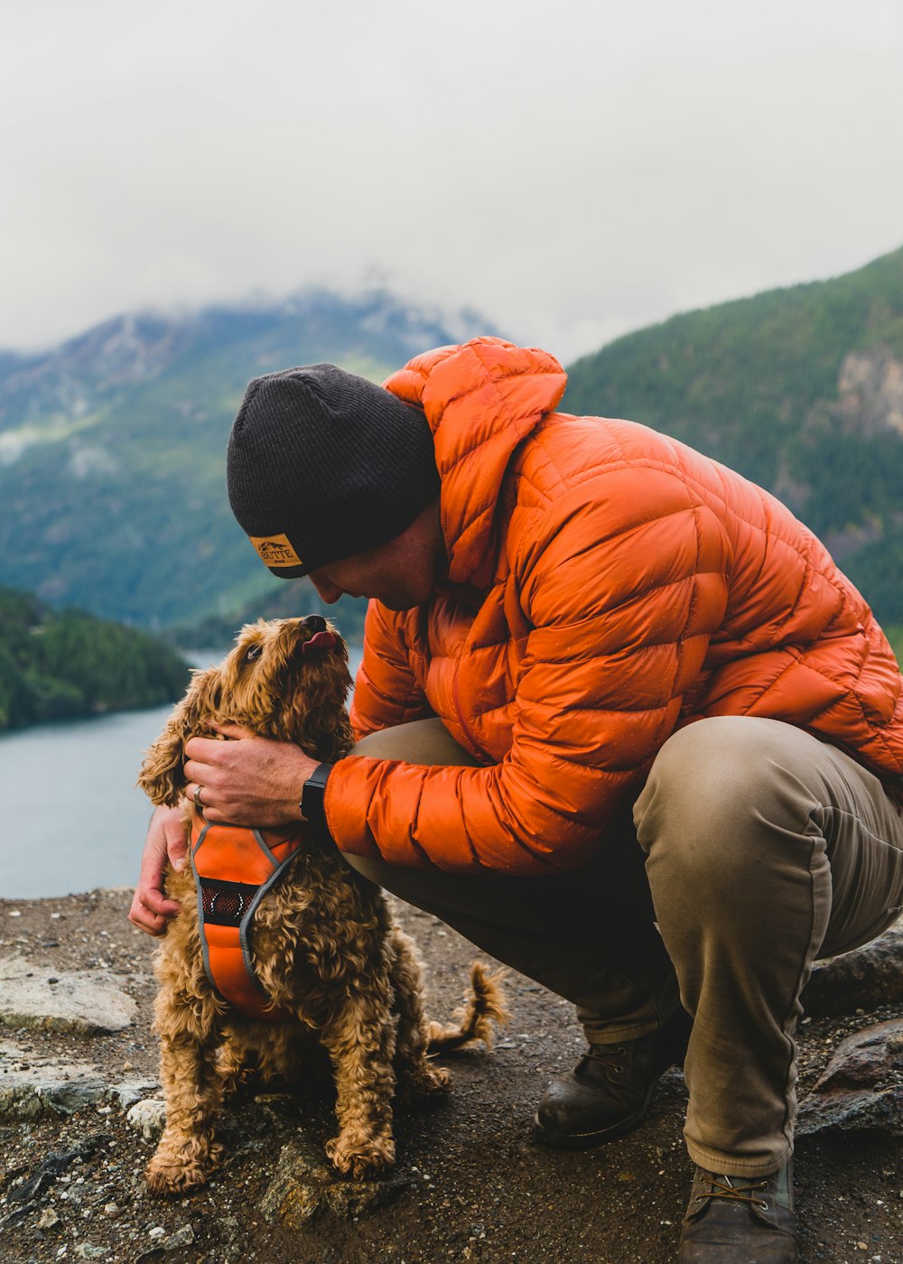 man in orange hoodie and black knit cap sitting on rock beside brown long coated dog