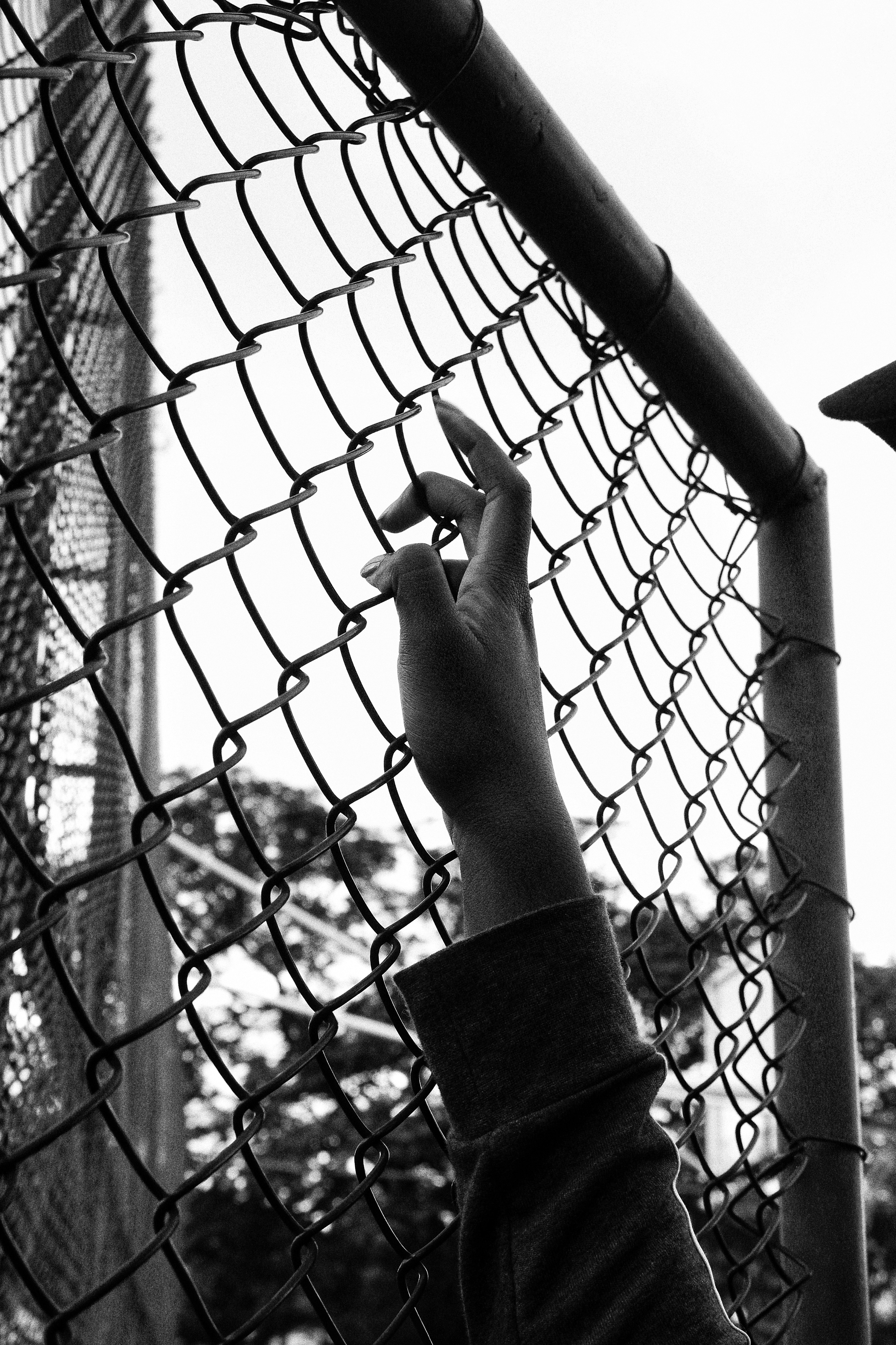 person holding on chain link fence