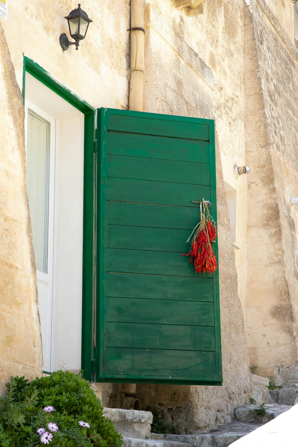 vadrouille rouge et blanche appuyée sur une porte en bois vert