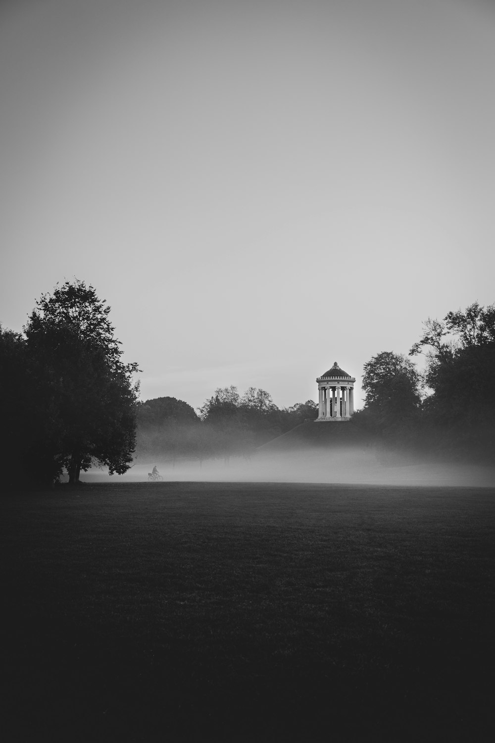 grayscale photo of building surrounded by trees