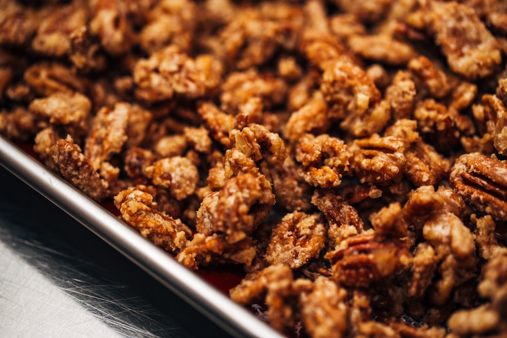 brown food on silver tray