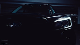 Dark-themed image showing a professional automotive consultant explaining car features to a client.