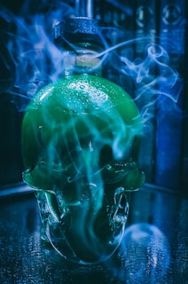 A mysterious bottle of dark humic and fulvic acid glowing faintly under dim light, surrounded by roots and ancient scrolls.