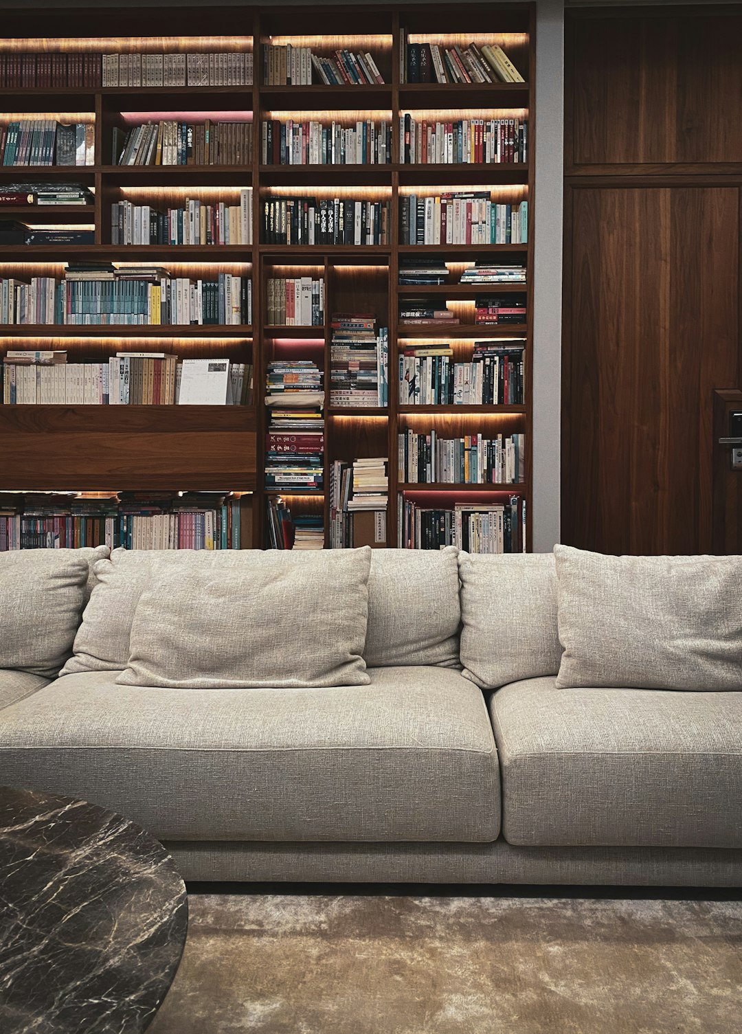 gray sofa near brown wooden book shelf