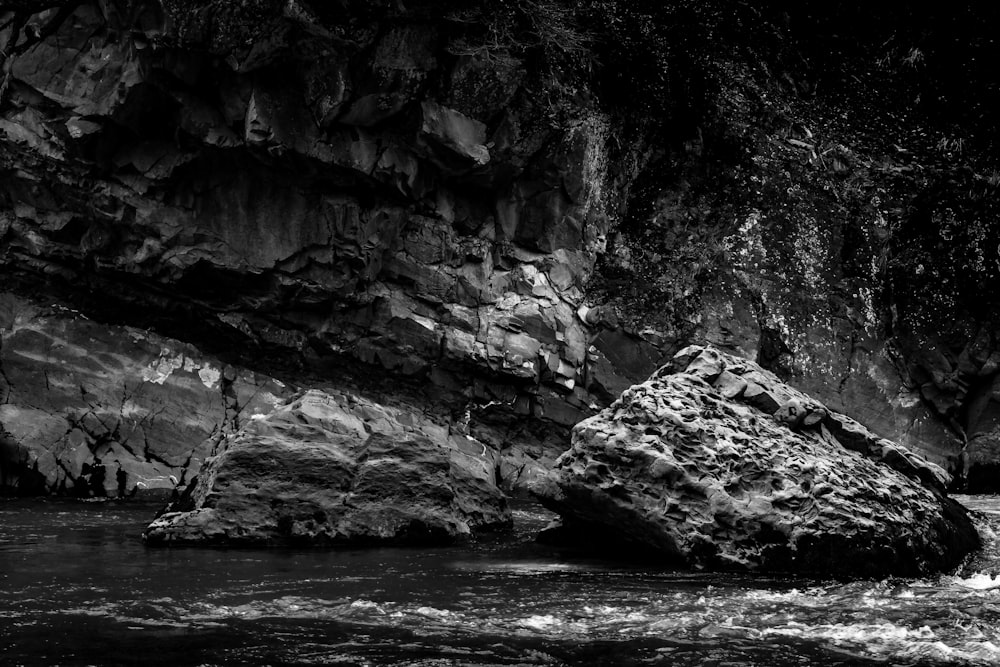 grayscale photo of rocky mountain