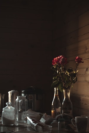 A moody kitchen scene with jars of bubbling ferments on a wooden shelf, lit by soft candlelight
