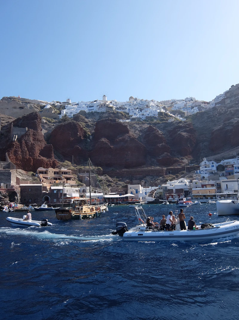 Santorini cruise port Athinios with cable car and tender boat transfer