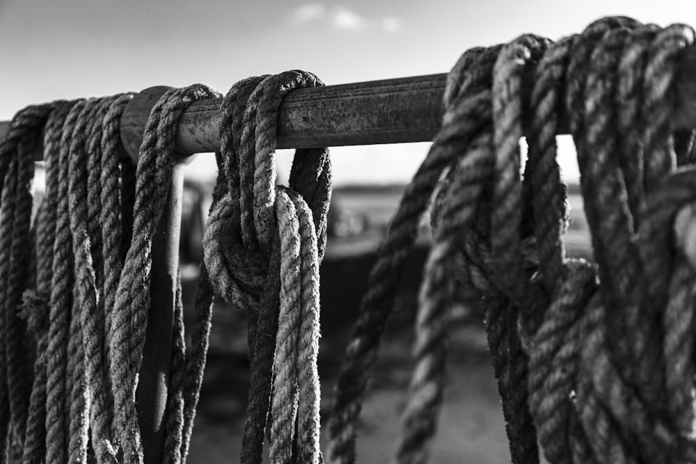 grayscale photo of rope on wooden fence