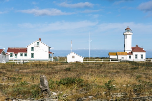 A coastal landscape featuring a lighthouse with a red roof, accompanied by several white buildings with matching roofs. The foreground consists of grassy fields with scattered driftwood, bordered by a simple white fence. The sky is partly cloudy, casting a serene atmosphere over the scene.