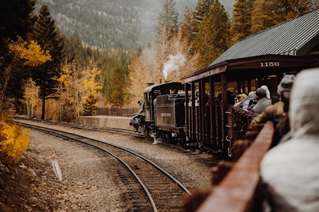 A vintage steam train travels along curving tracks through a forest with autumn foliage. Passengers sit in open-air cars, wearing warm clothing. The scene is set against a backdrop of misty mountains and tall evergreen trees, creating a tranquil and nostalgic atmosphere.