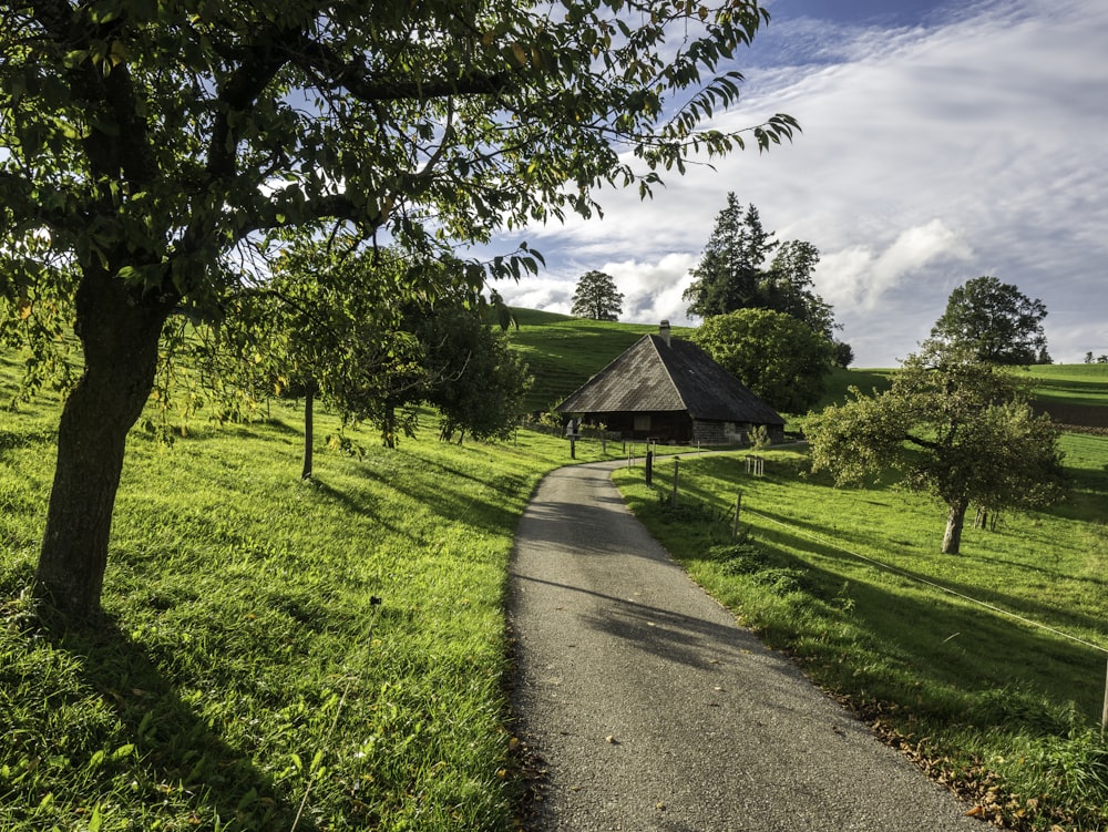 Maison en bois brun sur un champ d’herbe verte sous le ciel bleu et les nuages blancs pendant la journée