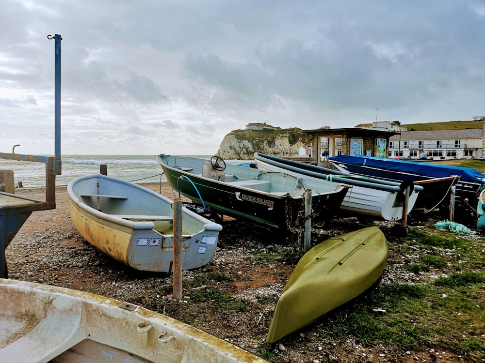 green and white boat on seashore during daytime