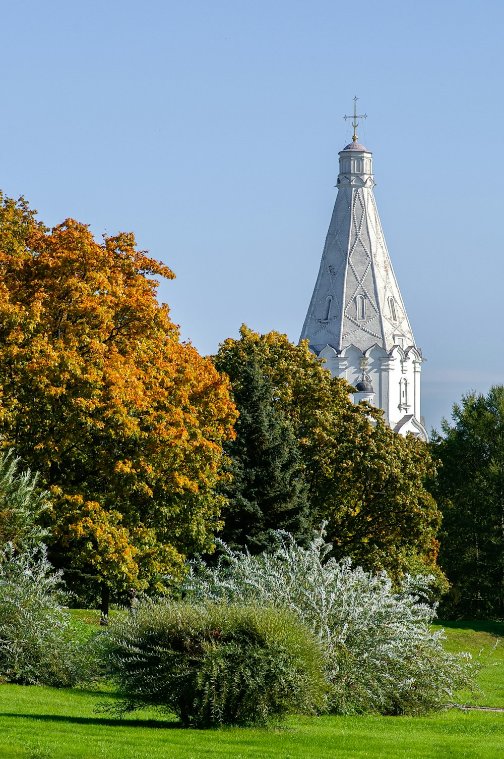 white and gray tower surrounded by trees