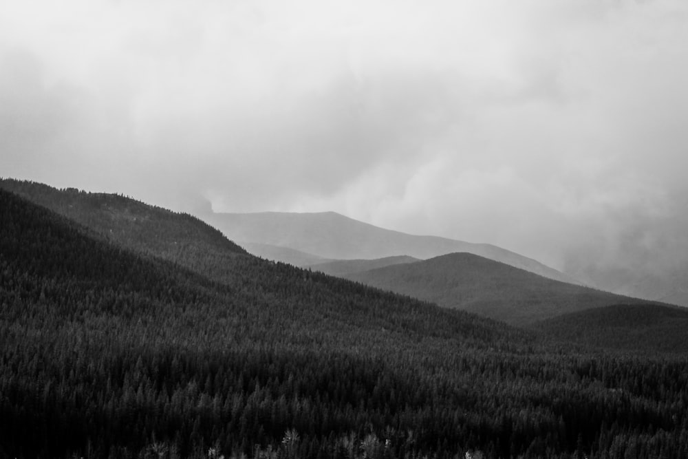 grayscale photo of mountain range