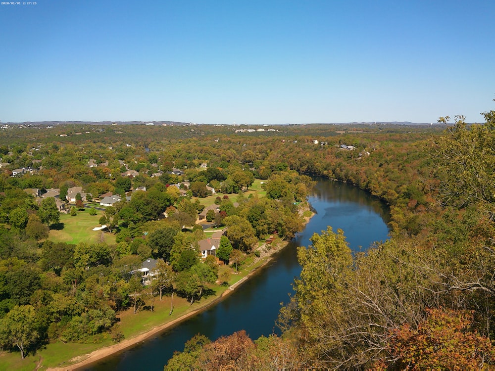 aerial view of river between green trees during daytime
