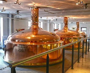 Large, polished copper brewing tanks in an indoor brewery setting with overhead lighting and a railing in the foreground. The room has white walls and several windows allowing natural light to complement the artificial lighting.