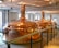 Large, polished copper brewing tanks in an indoor brewery setting with overhead lighting and a railing in the foreground. The room has white walls and several windows allowing natural light to complement the artificial lighting.