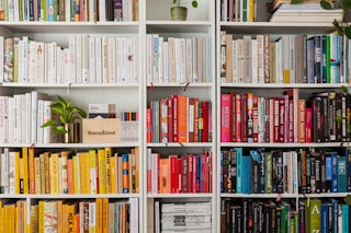 books on white wooden shelf