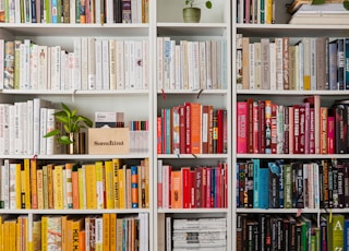 books on white wooden shelf