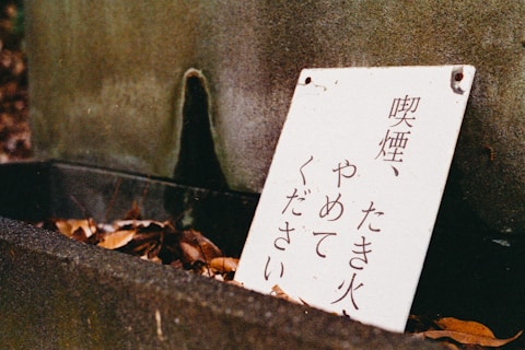 A white sign with Japanese text is placed on a concrete surface, surrounded by dry, brown leaves. The sign appears slightly weathered and leans against a dark, mossy wall.