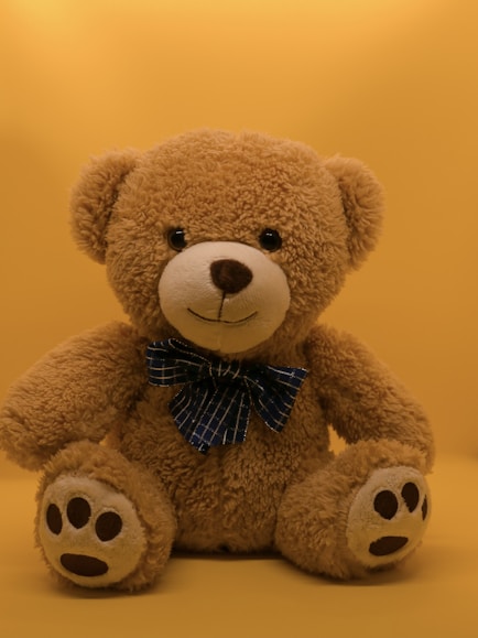 brown teddy bear with black and white bow tie