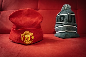 gray and black knit cap