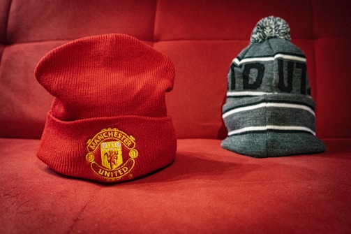 gray and black knit cap