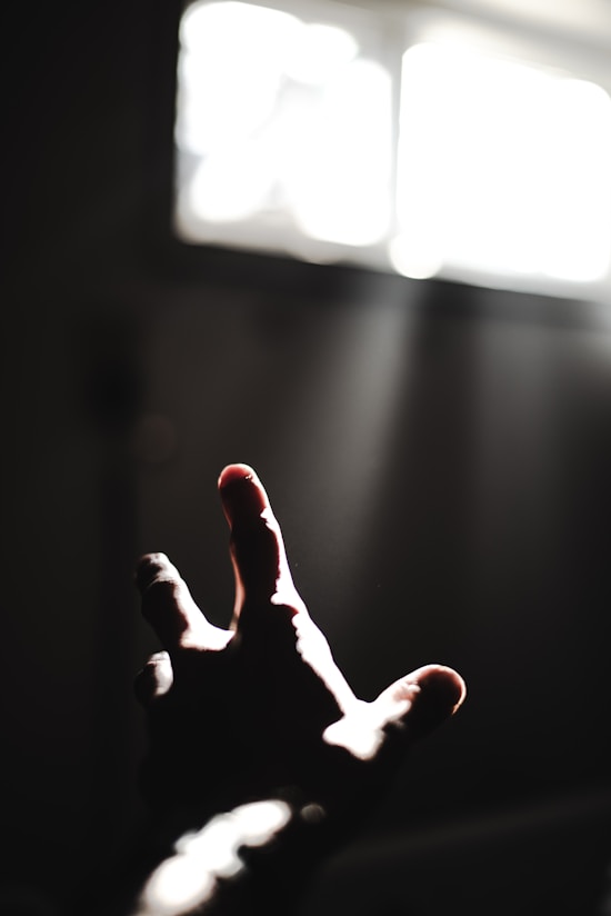 persons left hand doing peace sign