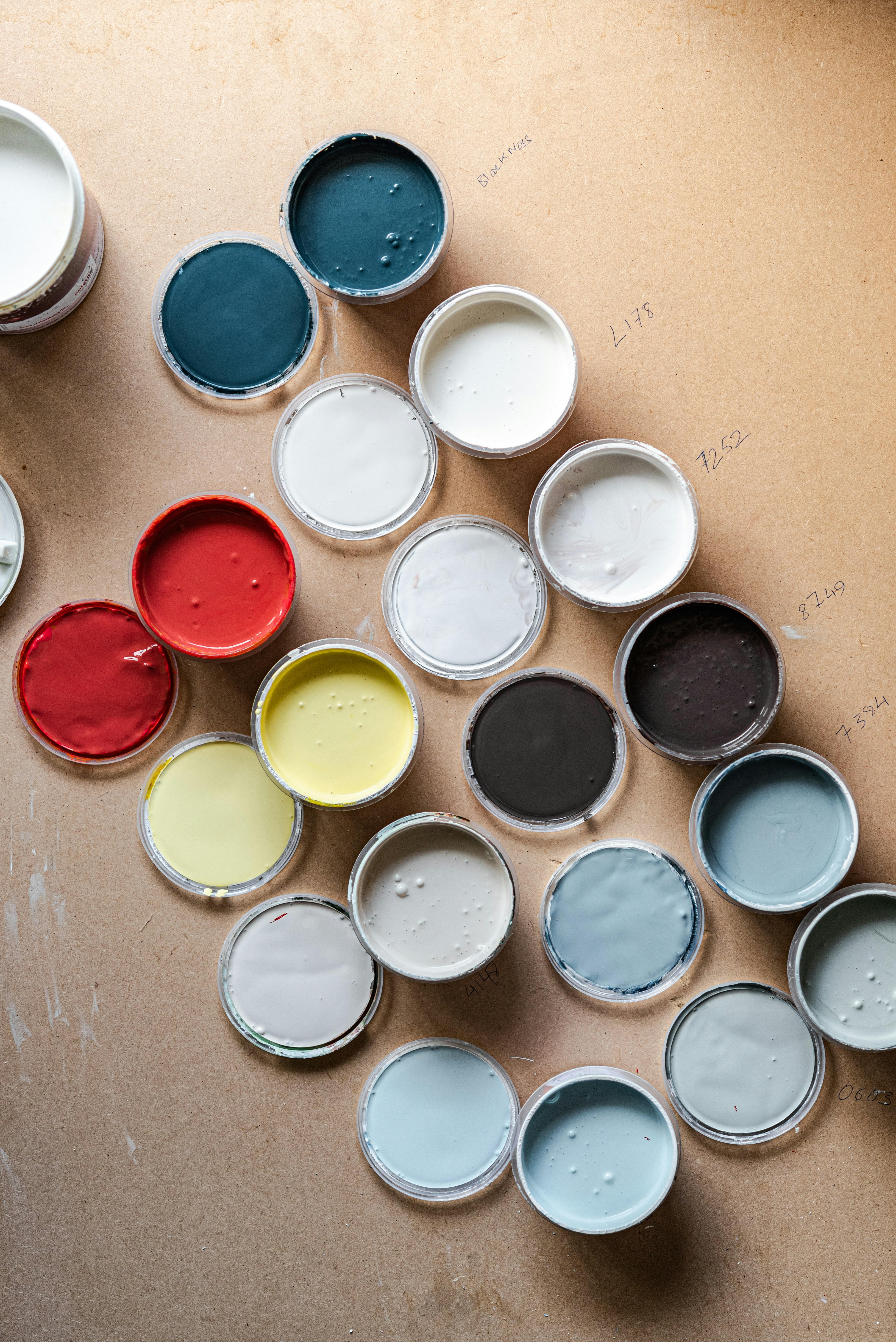 A array of different wall sample paints for testing.
