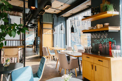 Cozy F&B retail space on level 3 with warm lighting and industrial design elements.