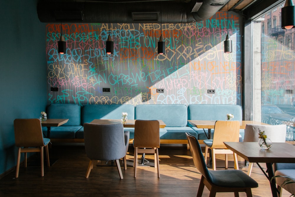 blue and white chairs and tables