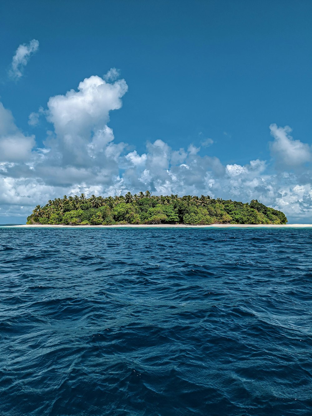 昼間の青と白の曇り空の下、青い海に囲まれた緑の島