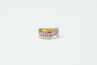 gold and black ring on white surface