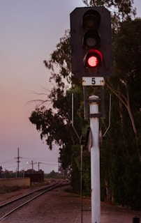 Nighttime photo of railway signals glowing red and green along a curved track.