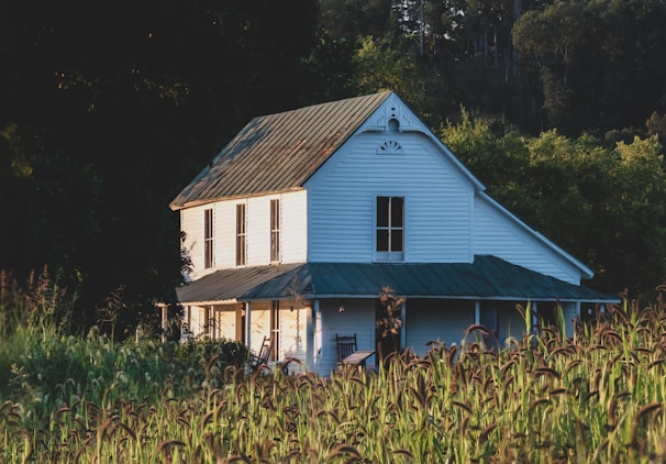 A modern farmhouse with wide porches and natural landscaping in the foothills of upstate South Carolina.