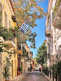 A picturesque street lined with colorful buildings and lush greenery, featuring a Greek flag waving gently in the breeze. The street is narrow and inviting, showcasing traditional architecture with balconies and quaint street lamps. The vibrant vegetation and clear blue sky add a refreshing and cheerful element to the scene.
