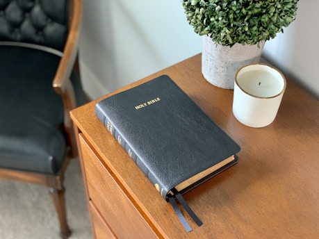 A black leather-bound Bible rests on a wooden table alongside a small potted plant with green foliage and a white candle in a ceramic holder. In the background, the edge of a black cushioned chair is visible.